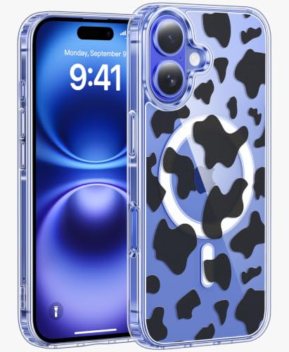 Jkvare for iPhone 16 Case, [Diamond Bling Camera Lens Protector], Crystal Clear Aesthetic Pattern Wireless Magnetic Protective Phone Cover for Women Girls - Cow Print