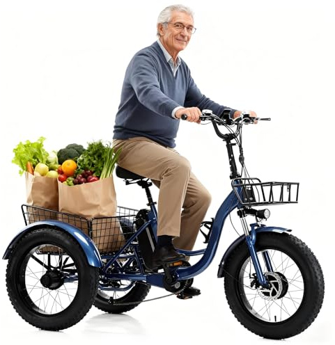 flatpincololee Triciclo Elettrico Adulti 20x4.0 Fat Tire – 500W Motore, Batteria Rimovibile 48V 13Ah, Sospensioni, Luce LED, Grande Cestino Posteriore, Ideale per Tutti i Terreni, 30-40 km Blue