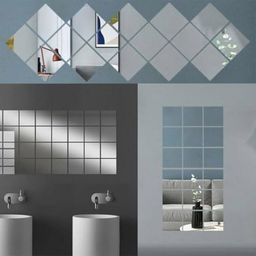 16 Stück 15 cm quadratische Acryl-Spiegelfliesen-Wandaufkleber, selbst-silberne Mosaik-Aufkleber für Heimdekoration, Reble-dekorative Glaseffekt-Panels für Wohnzimmer, Schlafzimmer, Badezimmer