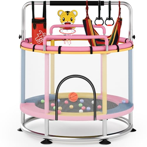 SOFTHOM 150cm Kindertrampolin, Trampolin Indoor/Outdoor Kinder mit Höhenverstellbarer Turnstange, 250KG Tragkraft, Spielzeug mit Sicherheitsgriff&Sicherheitsnetz, Basketballkorb/Schaukel/Ringe/Boxsack