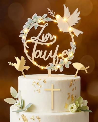 4 Stück Cake Topper Taufe mit LED, Tortendeko Taufe aus Holz und Acryl | Torten Deko zur Taufe mit LED-Lichterkette, Holzelement und Acrylmotiven wie Taube, Fisch und Kreuz, für Jungen und Mädchen