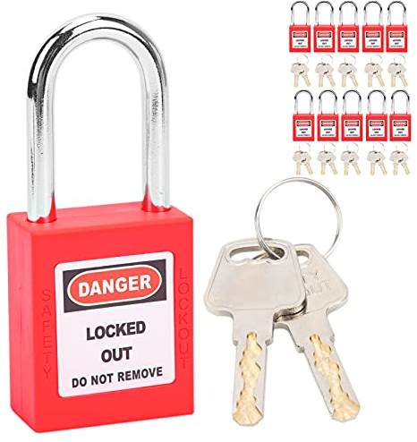 Set di 10 Lucchetti Lockout Tagout – Lucchetti di Sicurezza LOTO 38 mm con Chiave, per Macchinari Industriali ed Elettrici (Rossa)