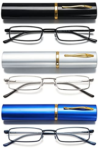 VEVESMUNDO Herren Lesebrille Mini Reise Kleine Kompakte Schmal Metall Lesehilfe Brillen Mit Etui +1.0,+1.5,+2.0,+2.5,+3.0,+3.5,+4.0 (Set A Blaulichtfilter Lesebrillen mit Etui, 1.5)