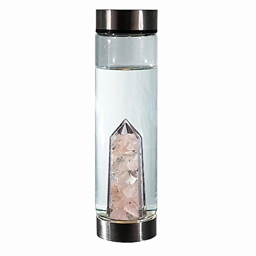 bewater Wiederverwendbare Glas-Wasserflasche mit Rosenquarz und Bergkristall-Edelsteinen, bleifreies Borosilikatglas, 500 ml, mit weitem offenen Hals und Schraubdeckel. (Belove Harmony)