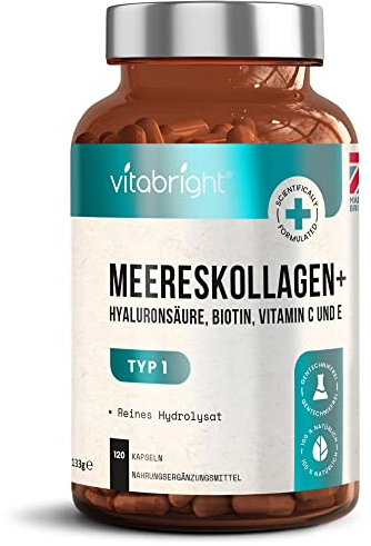 Pure Marine Collagen Capsules With Hyaluronic Acid Vitamin C, 2450mg 120 Collagen Tablets High Strength Hydrolysed Marine Collagen Peptides Powder, VitaBright Marine Collagen Supplements for Women/Men