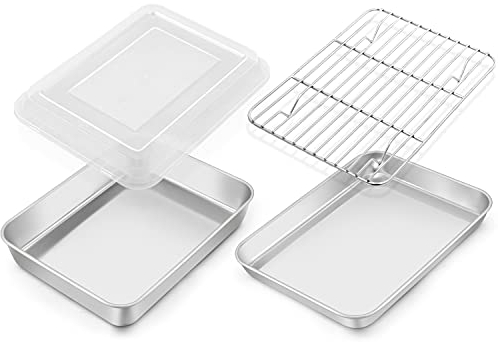 TeamFar Toaster Oven Pan, 9.3’’ x 7’’ Stainless Steel Mini Rectangular Cookware Baking Roasting Cake Pan with Cooling Rack and Lid, Healthy & Sturdy, Deep & Visible Lid, Dishwasher Safe – 4 PCS
