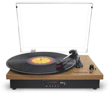 PRIXTON Tocadiscos de Vinilo Vintage con Bluetooth Studio TS420, Reproductor y convertidor de vinilos, Bluetooth, USB, Tarjeta SD, Radio, 2 Altavoces Incorporados, Tapa Antipolvo, Color Madera