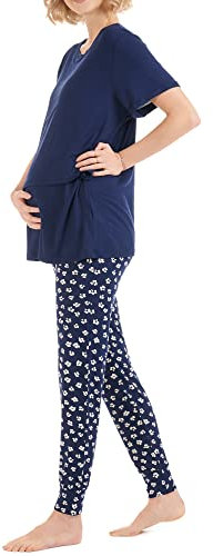 Herzmutter Pyjama d'allaitement - Pyjama Grossesse - Pyjama Maternité Allaitement - Pyjama Ensemble Maternité - pour Femme Enceinte – Motif - 2950 (XXL, Bleu/Fleurs)
