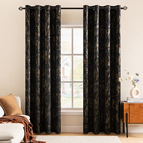 MIULEE Gardinen Vorhang Schwarz Gold Samtvorhänge Vorhänge mit Ösen Schlaufen Gold Gardinen für Schlafzimmer Wohnzimmer Samt Vorhang 2er Set 140 x 175 cm(B x H) Schwarz