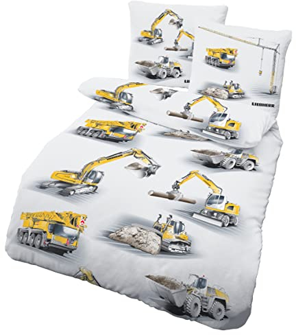 Bagger Bettwäsche 135x200 2teilig - Kinderbettwäsche 135x200 Jungen mit Baustellenmotiven - LIEBHERR Biber Bettwäsche Baumwolle für Jungs