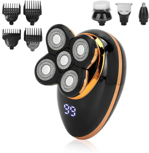 Glatze Rasierer Herren, 5D Schnurlos Wiederaufladbar Schädel Kopfrasierer LED-Anzeige Nass/Trocken Elektrorasierer mit Haarschneidemaschine, Nasenhaartrimmer Koteletten Trimmer