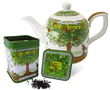 Royal Tara Set of 1 Irish Breakfast Loose Leaf Tea - Black Blend Tea in Reusable Tin and 1 1 Teapot Porcelain - Irish Tea Pot Celtic Tree of Life Tea Kettle Packed in Irish Weave Box