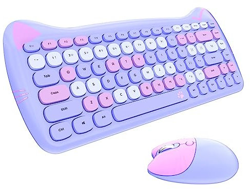 Yunseity 2.4G Wireless Keyboard and Mouse Combo, Cute Cat Theme Retro Colorful Compact Keyboard, for Windows, OS X, Android System(Purple Melange)