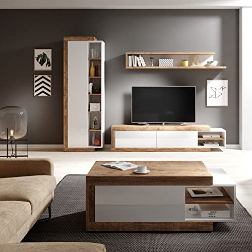 Lomadox Wohnzimmer Möbel Set inkl. Couchtisch Samdal Eiche Nb., mit Absetzungen in weiß Hochglanz