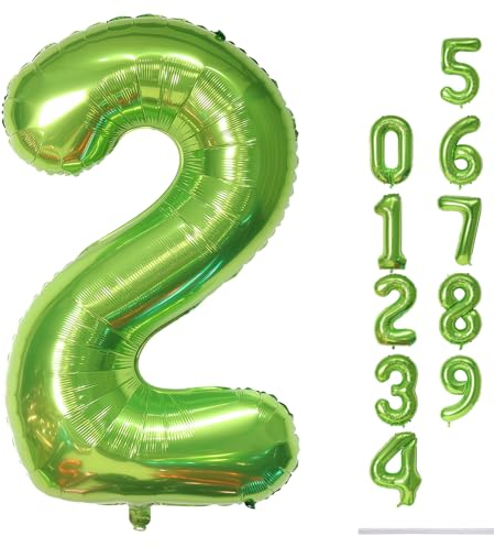 Green 2 Balloons, 40 Inch Giant Helium Foil Number 0-9 Green Birthday Balloon for Boys Girls, Self Inflating Digit 2 Balloons for Women Men Anniversary Jungle Football Party Decorations Supplies