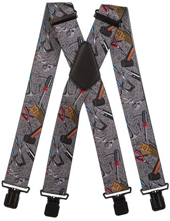 Olata Hosenträger mit Werkzeug-Muster – Robuste, Verstellbare X- und Y-Form, 5 cm Breit, Ideal für Arbeit und Alltag. Grau, X-Form (Schwarz Clips) - 5 cm