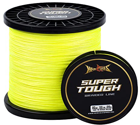 HERCULES Lenza da pesca intrecciata super resistente, 1000 metri di lenza a treccia da 5,4 kg di prova per acqua salata d'acqua dolce PE treccia di pesce, 4 fili, giallo fluorescente, 5,4 kg, 1000 yds