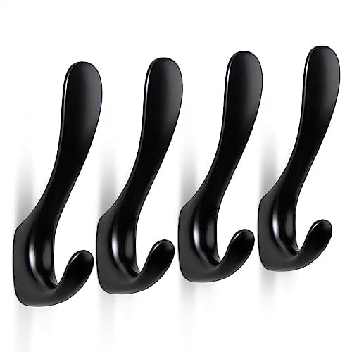 HONZUEN 4 Pack Kleiderhaken Zinklegierung Modern, Garderobenhaken Metall Einzeln, Wandhaken Schwerlast Doppelt für Mantel Handtaschen Halstuch, Kleiderhaken Wand für Schlafzimmer(Schwarz Matt)