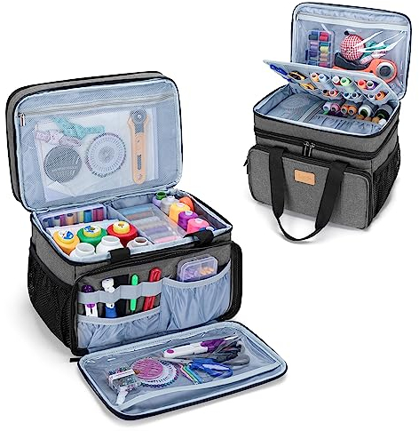 Luxja Grande organizer da cucito con molti scomparti, borsa portaoggetti a 2 strati con tasche varizzate per forniture di cucito e artigianato (solo borsa), grigio