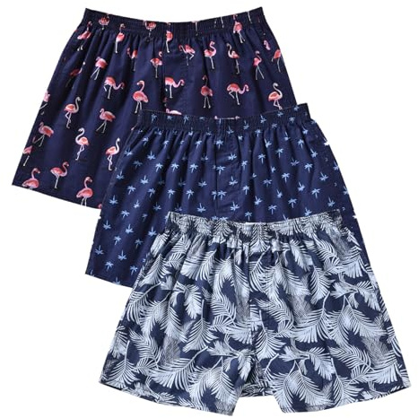 Cinvik Boxer Amusant en Coton tissé à Carreaux pour Homme S, M, L, Lot de 3 Feuilles de cocotier/Plantes Tropicales/Flamant Rose, X-Large