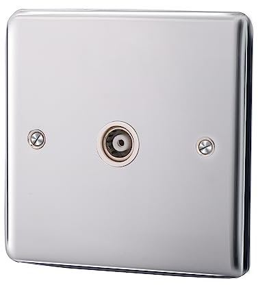 ASAB 1 Gang TV Socket Outlet Isolated Coaxial PGM 33629 Brushed Steel Standard UK TV Socket Easy Installation Commercial and Residential Use Isolated Coaxial Design Smooth Sleek Round Corners