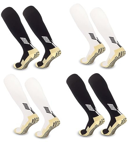FIBOGROUP 4 Paar Fußballsocken für Kinder | Weiß+schwarz Universalgröße 32-38 | Flexibel, Rutschfest | Knöchel- und Fußgewölbestütze | Perfekter Sitz, atmungsaktiv | Trete jeden Ball perfekt.
