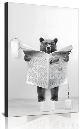 Nette Zeitung Tier Wand Kunst Schwarz und Weiß Leinwand Gedruckte Kabine Badezimmer Dekoration Badewanne Wand Bild, Rahmenlos (Bär2,1pcs-30x40cm)