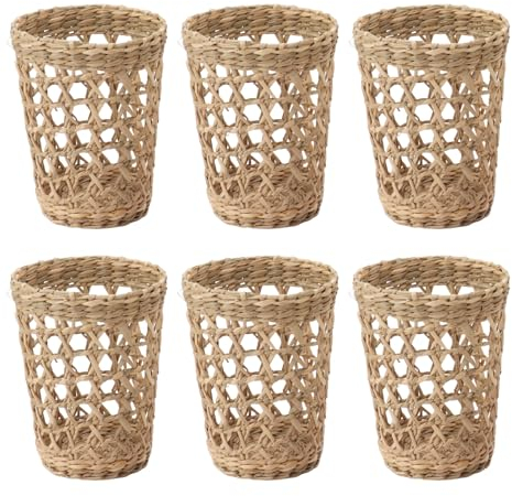 6 Pezzi Portabicchieri in Rattan, Portabicchieri Intrecciati, Tazza D'Acqua Intrecciata in Rattan Coperchio Antiscottatura Manicotto per Tazza in Vetro Intrecciato in Paglia Cava per Bottiglie di Vetr