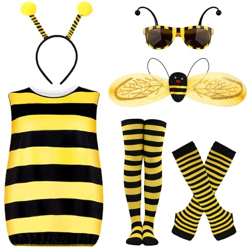 Bienenkostüm Erwachsene Damen mit Bienen Kostüm Kleid Flügel Haarreif Handschuhe Beinsocken Brille Karneval Kostüm Bienen Biene Kostüm Damen kleidung für Hummel Faschingskostüm Damen Verkleidung (M)