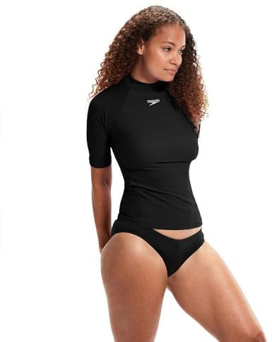 Speedo Women's Short Sleeve Sun Protection Rash Top | UV Protection | Female Surf, Black, One Size