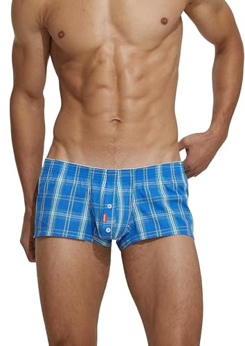 BEEMEN SEOBEAN Herren Boxershorts Low Rise Trunk 100% Baumwolle – Blau – Größe XL – Mini Fit, Kariertes Design, atmungsaktiv mit Eingriff
