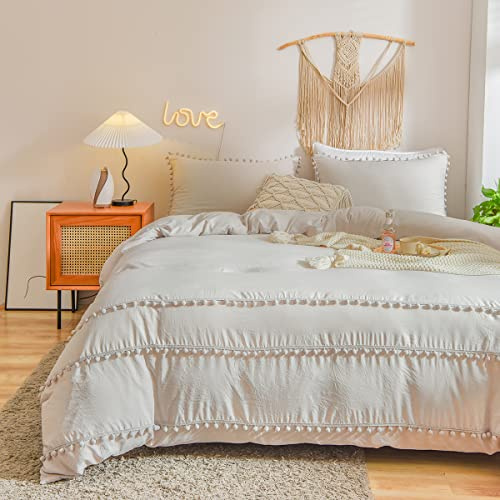 Freyamy Housse de Couette 220x240 Adulte Bohème Pompoms Beige Parure de lit