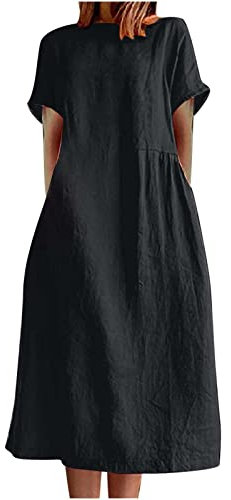 Zeiayuas Linen Dresses for Women UK Clearance Casual Short Sleeve Midi Dress Boho Baggy T Shirt Dresses with Pocket Beach Holiday Solid Color Elegant Loose Fit Ladies Size S-3XL