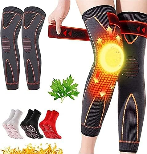 Selbsterhitzende Turmalin-Akupressur-Kniebandage, mit 3 Paar selbsterwärmenden Turmalin-Akupressur-Formsocken, reduziert schnelle Akupressur und Formende Knieschützer, Orange, 3X
