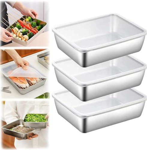 Plato cuadrado de acero inoxidable con tapa, bandeja de acero inoxidable de grado alimenticio, plato de metal engrosado, fácil de limpiar, bandeja de acero inoxidable, bandejas para hornear resistente