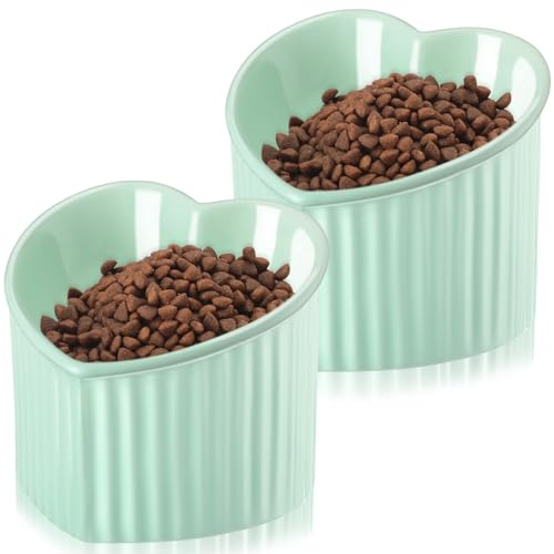 Mumufy 2 Pcs Ceramic Elevated Cat Bowls Tilted Elevated Raised Pet Bowls Anti Vomit Cat Dish for Indoor Stress Free Water Dish Feeder for Puppies, Heart Shaped(Grass Green)