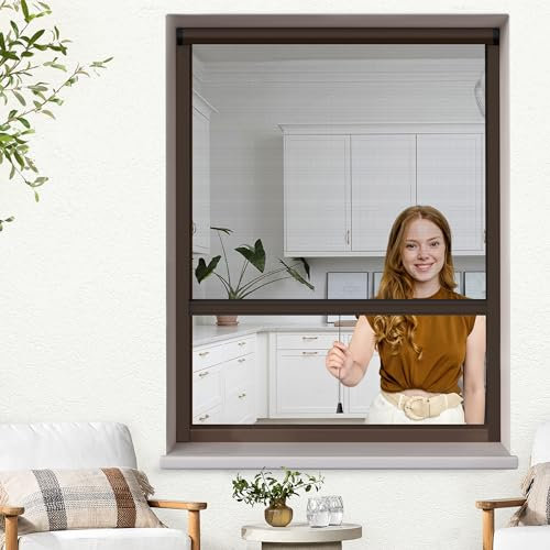 Jalousiescout Fliegengitter Insektenschutzrollo für Fenster, Fliegengitterrollo Insektenschutz mit Aluminium-Rahmen, robustes Fiberglas-Gewebe, dunkelbraun, B96xH130cm