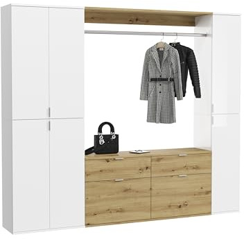 xonox.home Projekt X Systemmöbel Garderobe Ankleidezimmer Büro Kombination 3tlg. in Front weiß Hochglanz/Spiegel Korpus Artisan Eiche Nb.