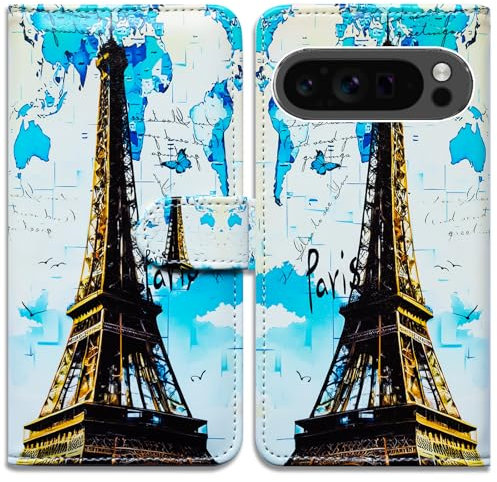 Bcov Case For Pixel 9 Pro,Paris Eiffel Tower Map Leather Flip Phone Case Wallet Cover with Card Slot Holder Kickstand Case For Google Pixel 9 Pro