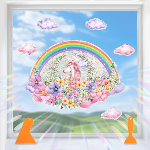 TIANCONGYUN Einhorn Prisma Fensteraufkleber, Wiederverwendbar Fensterbilder Selbstklebend, Statische Haften Reflektierende Fenstersticker Kinder, Regenbogenwolken Fensteraufkleber Vogelschutz