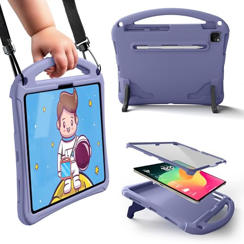 Bam Bino Space Suit Rugged Kids Case for Apple iPad Pro 13 M4, iPad Air 13 M2/M3 (2024/2025) Case for Kids with Built-in Screen Protector, Handle, Stand, Pencil Holder, Shoulder Strap (Violett)