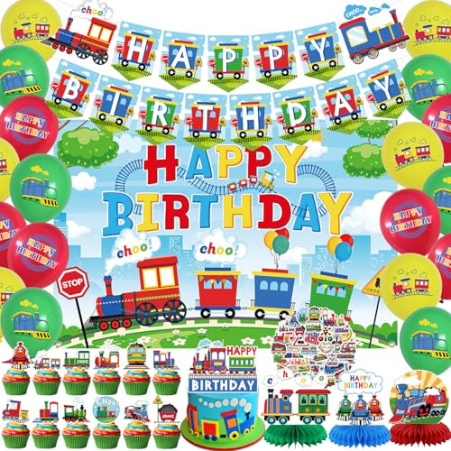 Decoraciones para fiestas de trenes, banderolas de feliz cumpleaños, adornos para tartas, telones de fondo para cumpleaños, globos, centros de mesa de nido de abeja, fiesta cumpleaños decoraciones