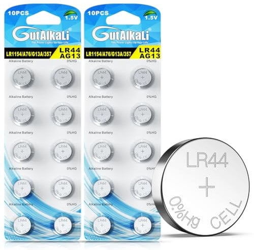 GutAlkaLi AG13 LR44 1.5 V Alkaline Button Cell Batteries Without Mercury (357/357A/L1154/A76/GPA76) Pack of 20