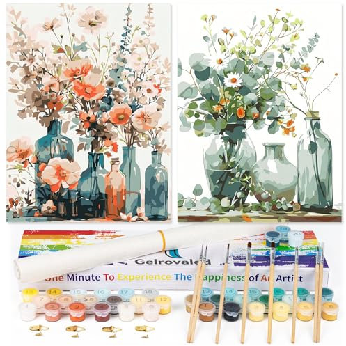 gelrovaled Pintar por Numeros Adultos, DIY Pintura por Números, Kit de Pintura al óleo de Lienzo DIY para con Pinceles, Pigmento Acrílico, 2Pack 30 x 40cm, Flower 01