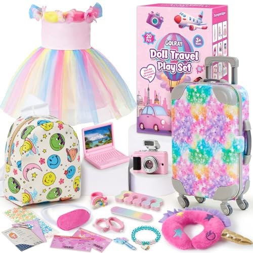 Tacobear 19Pcs 18 Inch Girl Doll Accessories Travel Play Set Age 3+ with Suitcase Clothes Dress Backpack Neck Pillow Camera, Pretend Play Stuff fit 18 Inch Doll Gifts Toys for Kids Girls