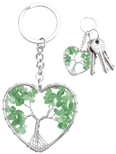 Porte Clef d'Arbre de Vie Original, Pendentif 7 Chakra Bijoux Guérison Forme Coeur en Cristal Coloré Décoration Chic pour Couple Ami Cadeau Porte Bonheur pour Anniversaire Saint Valentin (B:Vert)