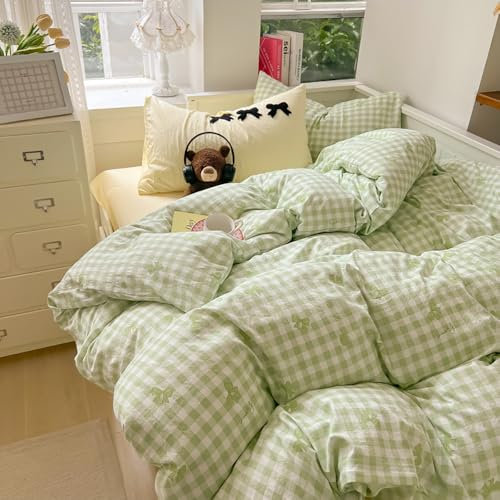 Covebett Housse de Couette 220x240 à Carreaux Vichy Vert Nœud Papillon Romantique Parure de Lit Ado Adulte 2 Personnes Microfibre Linge de lit avec Fermeture Éclair et 2 Taies d'oreiller 65x65cm