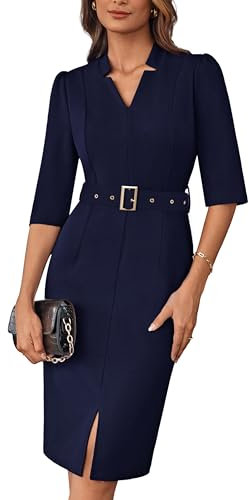 GRACE KARIN Women's Summer Business Dresses V Neck Slim Fit Bodycon Pencil Dress Navy Blue L