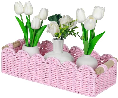 CubesLand Panier cadeau vide en corde de papier toilette à bord festonné, petit panier de rangement pour salon, salle de bain, chambre à coucher, panier de rangement de papier toilette tissé rose