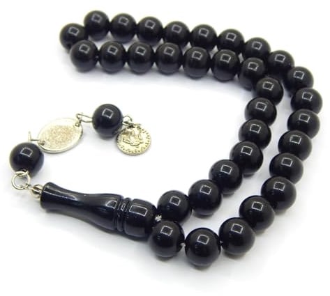 Perlin Gebetskette Gebetsperlen Tesbih Tasbih Tespih Misbaha Subha 33, 8mm Kugel Form Muslimisches Islamic Rosenkranz Anbetungszubehör Schmuck Armbänder (Schwarz)